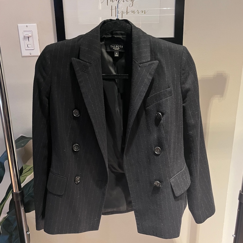 Talbots Black Pinstripe Double Breasted Blazer - Size 4P - Wool Blend